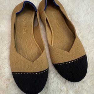 Rothy's Camel and Black Flats with Blue Trim